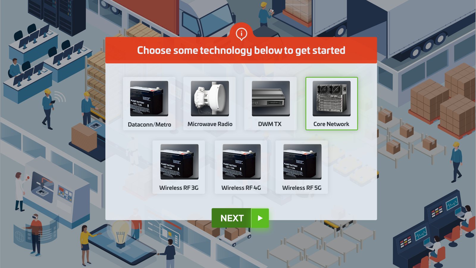 Primeira tela do jogo com as sete linhas de tecnologia para escolher